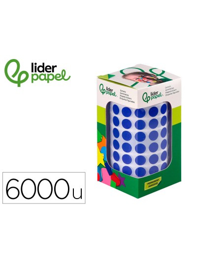 Gomets liderpapel autoadhesivo circulos 10,5 mm azul rollo de 6000 unidades en caja de carton