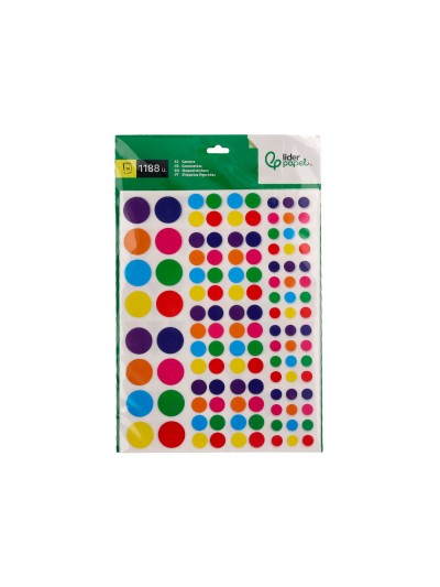 Gomets liderpapel autoadhesivo figuras de colores y tamaños surtidos bolsa de 10 hojas 1188 unidades