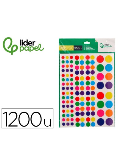 Gomets liderpapel autoadhesivo circulos colores y tamaños surtidos bolsa de 10 hojas 1200 unidades