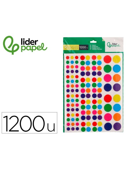 Gomets liderpapel autoadhesivo circulos colores y tamaños surtidos bolsa de 10 hojas 1200 unidades