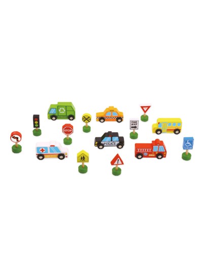 Juego infantil imaginovo madera vehiculos y señales de trafico +3 años 16 piezas 30x22x4cm