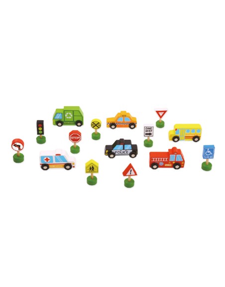 Juego infantil imaginovo madera vehiculos y señales de trafico +3 años 16 piezas 30x22x4cm