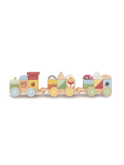 Juego infantil imaginovo madera tren figuras apilables con ruedas +18 meses 38x9,5x7,5cm