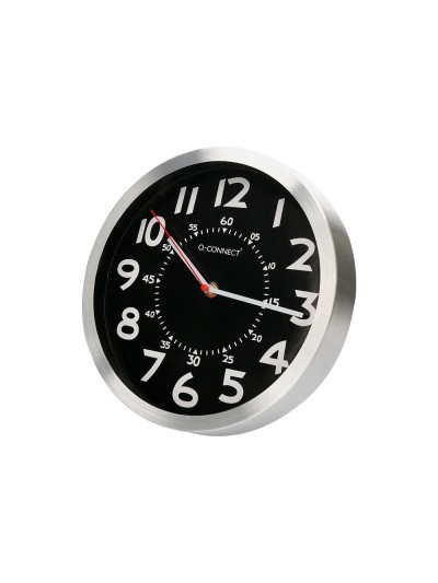 Reloj q-connect de pared metalico redondo 25 cm movimiento silencioso color negro con esfera cromado