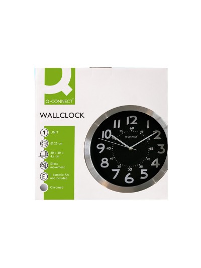 Reloj q-connect de pared metalico redondo 25 cm movimiento silencioso color negro con esfera cromado