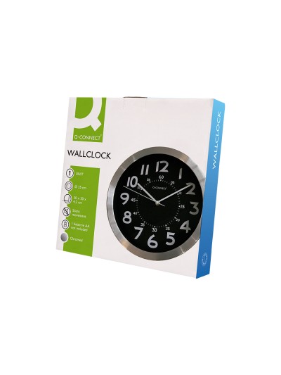 Reloj q-connect de pared metalico redondo 25 cm movimiento silencioso color negro con esfera cromado
