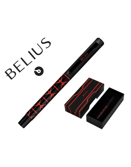 Boligrafo belius legacy aluminio diseño triangulo rojo cuerpo negro tinta color azul caja de diseño