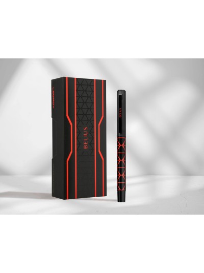 Boligrafo belius legacy aluminio diseño triangulo rojo cuerpo negro tinta color azul caja de diseño