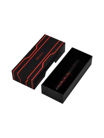 Boligrafo belius legacy aluminio diseño triangulo rojo cuerpo negro tinta color azul caja de diseño