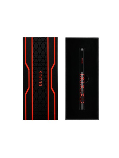 Boligrafo belius legacy aluminio diseño triangulo rojo cuerpo negro tinta color azul caja de diseño