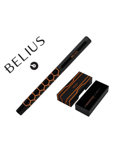Boligrafo belius legacy aluminio diseño hexagono naranja cuerpo negro tinta color azul caja de diseño