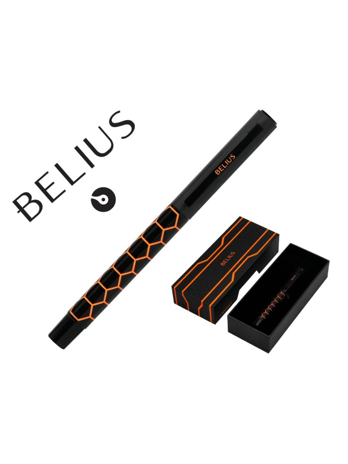 Boligrafo belius legacy aluminio diseño hexagono naranja cuerpo negro tinta color azul caja de diseño Boligrafo belius legacy aluminio diseño hexagono naranja cuerpo negro tinta color azul caja de diseño