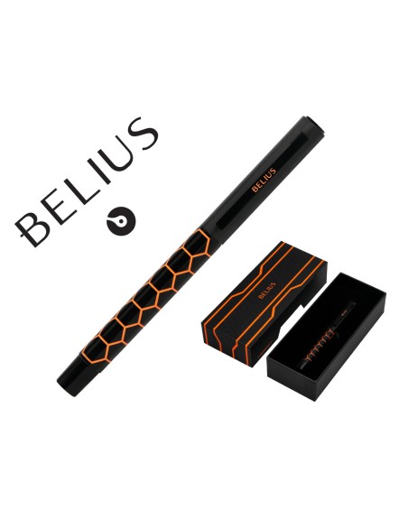Boligrafo belius legacy aluminio diseño hexagono naranja cuerpo negro tinta color azul caja de diseño