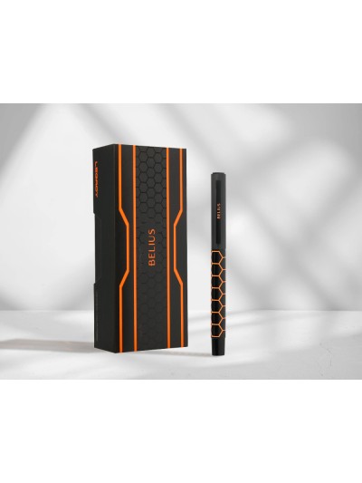 Boligrafo belius legacy aluminio diseño hexagono naranja cuerpo negro tinta color azul caja de diseño
