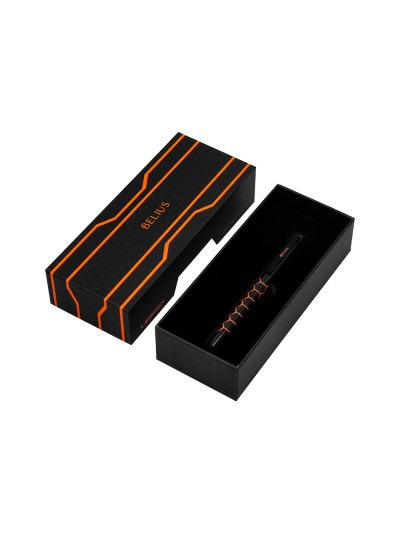 Boligrafo belius legacy aluminio diseño hexagono naranja cuerpo negro tinta color azul caja de diseño