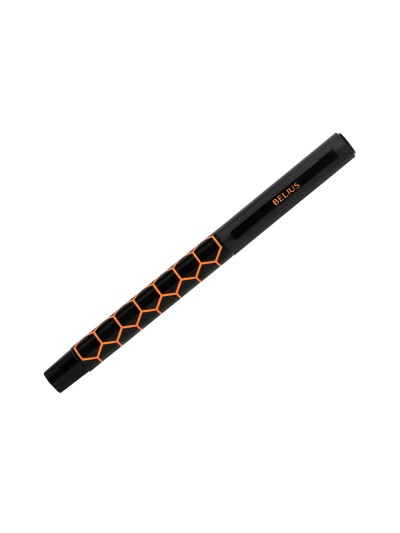 Boligrafo belius legacy aluminio diseño hexagono naranja cuerpo negro tinta color azul caja de diseño