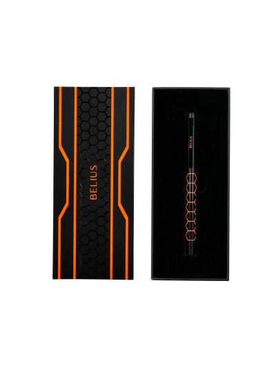 Boligrafo belius legacy aluminio diseño hexagono naranja cuerpo negro tinta color azul caja de diseño