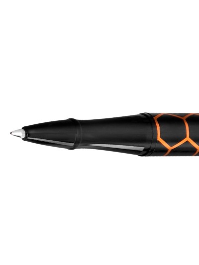 Boligrafo belius legacy aluminio diseño hexagono naranja cuerpo negro tinta color azul caja de diseño