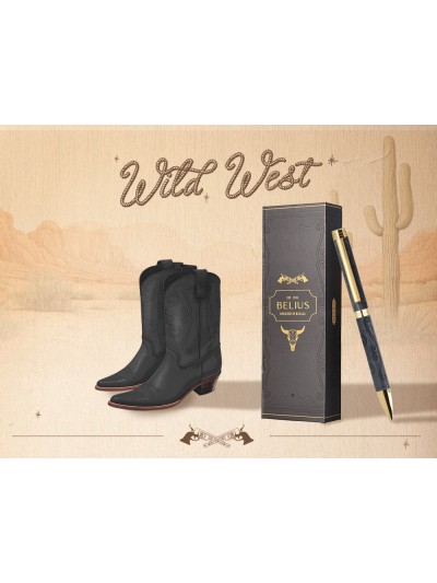 Boligrafo belius wild west aluminio color negro dorado tinta color azul caja de diseño