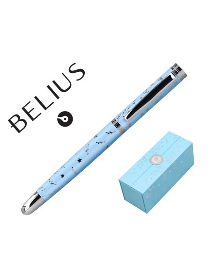 Roller belius bella aluminio color azul celeste diseño plateado relieve tinta color negro caja de diseño