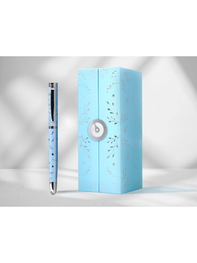 Roller belius bella aluminio color azul celeste diseño plateado relieve tinta color negro caja de diseño