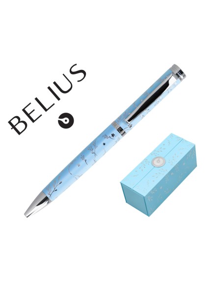 Boligrafo belius bella aluminio color azul celeste diseño plateado relieve tinta azul caja de diseño