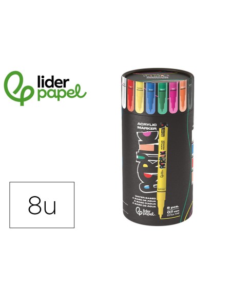 Rotulador liderpapel acrylic base agua todo tipo de superficie punta fina 0,7 mm caja de 8 unidades colores