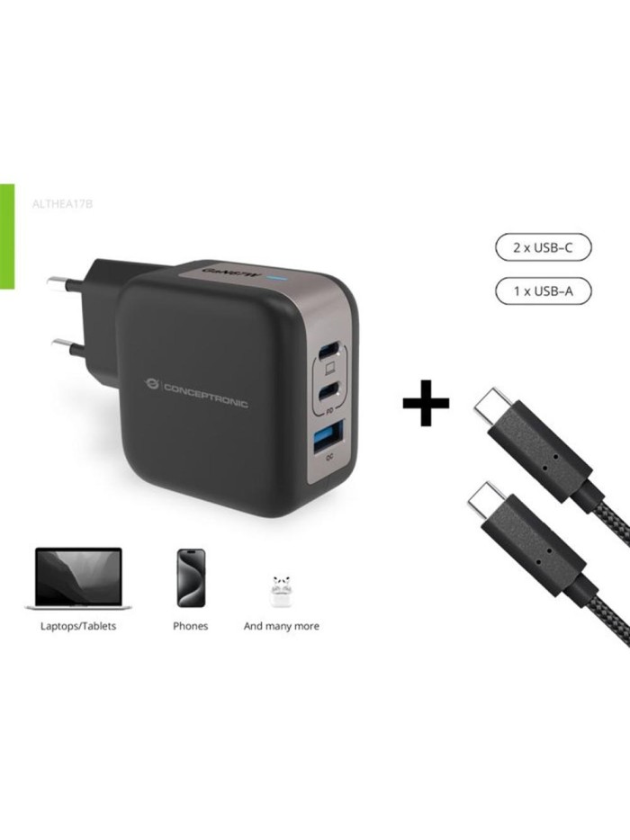 Cargador de pared conceptronic althea17b 67w 2x usb tipo c 1x usb tipo a Cargador de pared conceptronic althea17b 67w 2x usb tipo c 1x usb tipo a