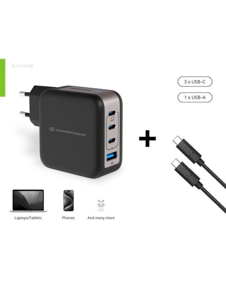 Cargador de pared conceptronic althea18b 100w 3x usb tipo c 1x usb tipo a
