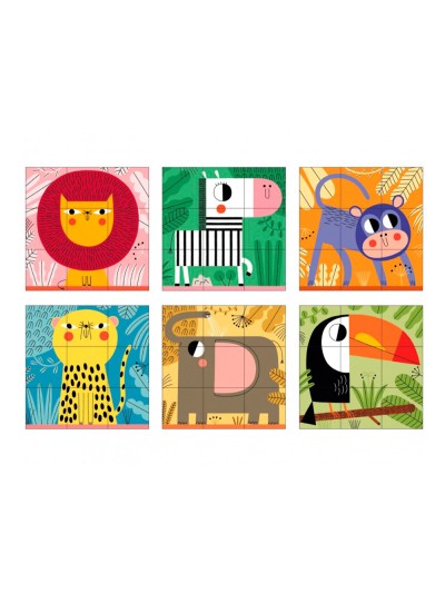 Puzle goula cubos de carton animales selva 6 escenas diferentes 9 piezas