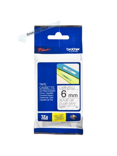 Cinta laminada brother tze111 8mm x 6mm transparente - negro