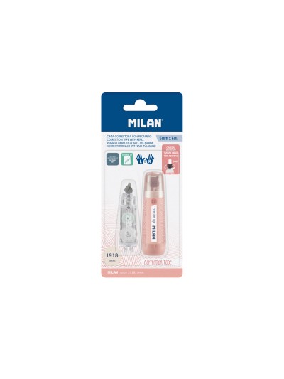 Cinta correctora milan 5 mm x 6 m coleccion 430 since 1918 rosa blister de 1 unidad + 1 recambio
