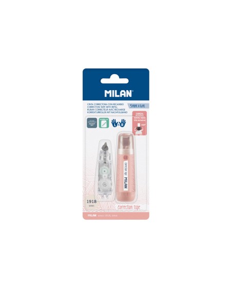 Cinta correctora milan 5 mm x 6 m coleccion 430 since 1918 rosa blister de 1 unidad + 1 recambio