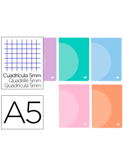 Libreta liderpapel 360 tapa de plastico a5 48 hojas 90g/m2 cuadro 5 mm con doble margen colores pastel