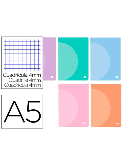 Libreta liderpapel 360 tapa de plastico a5 48 hojas 90g/m2 cuadro 4 mm con margen colores pastel surtidos