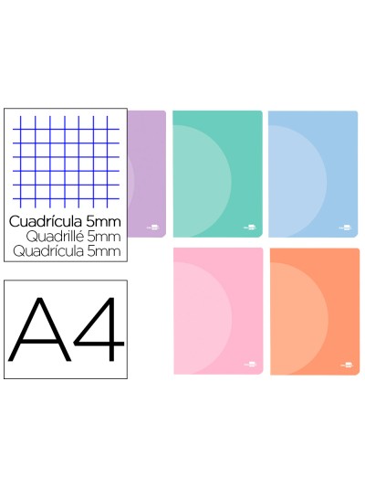 Libreta liderpapel 360 tapa de plastico a4 48 hojas 90g/m2 cuadro 5 mm con doble margen colores pastel