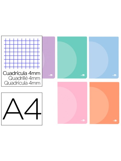 Libreta liderpapel 360 tapa de plastico a4 48 hojas 90g/m2 cuadro 4 mm con margen colores pastel surtidos