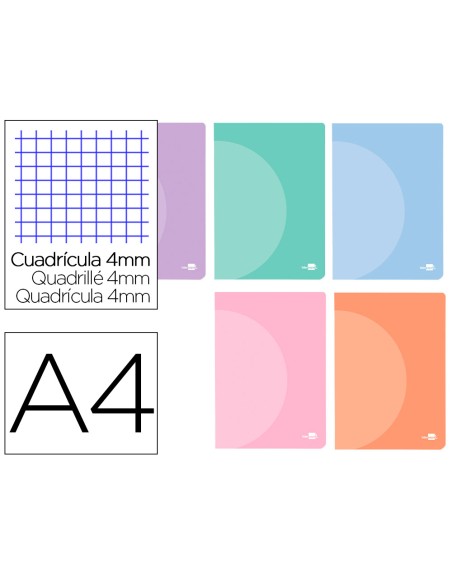 Libreta liderpapel 360 tapa de plastico a4 48 hojas 90g/m2 cuadro 4 mm con margen colores pastel surtidos