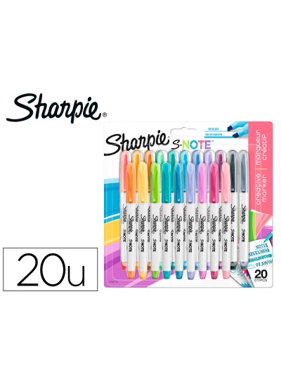 Rotulador sharpie permanente s-note punta biselada trazo 1,2 /3,87 mm blister 20 unidades colores surtidos