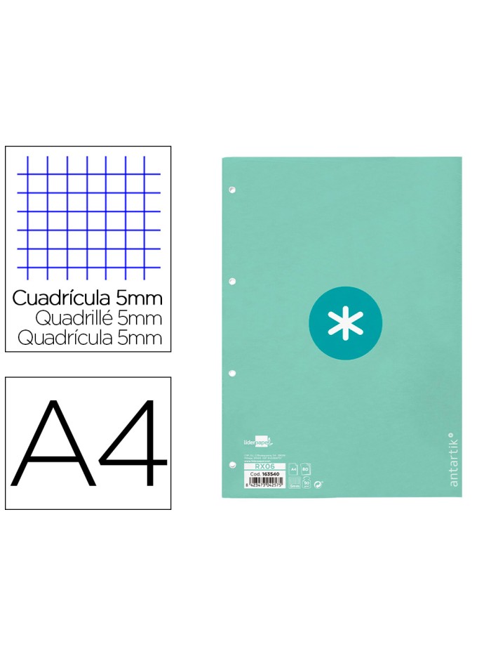 Recambio a4 antartik 80 hojas 90g/m2 cuadro 5 mm 4 taladros 1 banda marco color menta Recambio a4 antartik 80 hojas 90g/m2 cuadro 5 mm 4 taladros 1 banda marco color menta