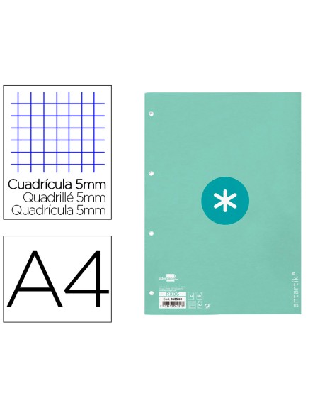 Recambio a4 antartik 80 hojas 90g/m2 cuadro 5 mm 4 taladros 1 banda marco color menta