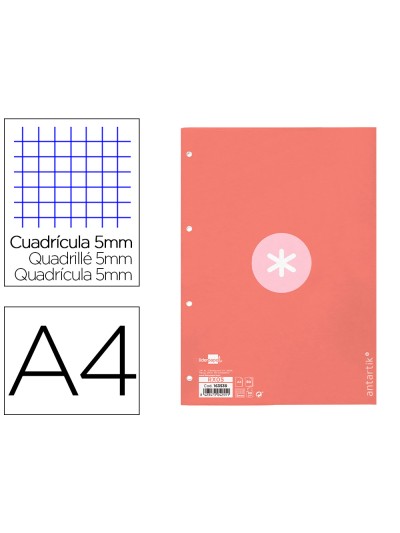 Recambio a4 antartik 80 hojas 90g/m2 cuadro 5 mm 4 taladros 1 banda marco color rosa