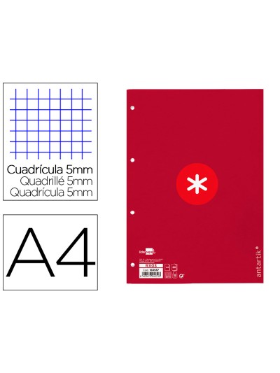 Recambio a4 antartik 80 hojas 90g/m2 cuadro 5 mm 4 taladros 1 banda marco color frambuesa