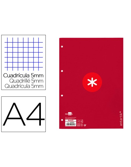Recambio a4 antartik 80 hojas 90g/m2 cuadro 5 mm 4 taladros 1 banda marco color frambuesa