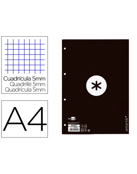 Recambio a4 antartik 80 hojas 90g/m2 cuadro 5 mm 4 taladros 1 banda marco color negro