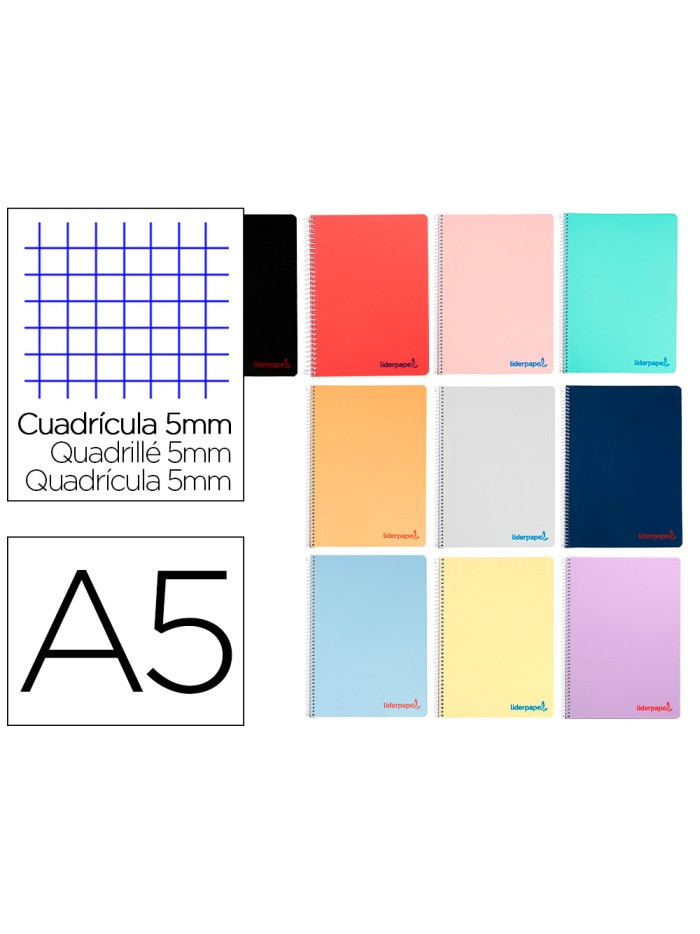 Cuaderno espiral liderpapel a5 wonder tapa plastico 80h 90gr cuadro 5mm con margen colores surtidos Cuaderno espiral liderpapel a5 wonder tapa plastico 80h 90gr cuadro 5mm con margen colores surtidos