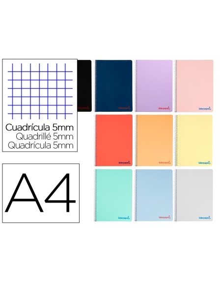 Cuaderno espiral liderpapel a4 wonder tapa plastico 80h 90gr cuadro 5mm con margen colores surtidos
