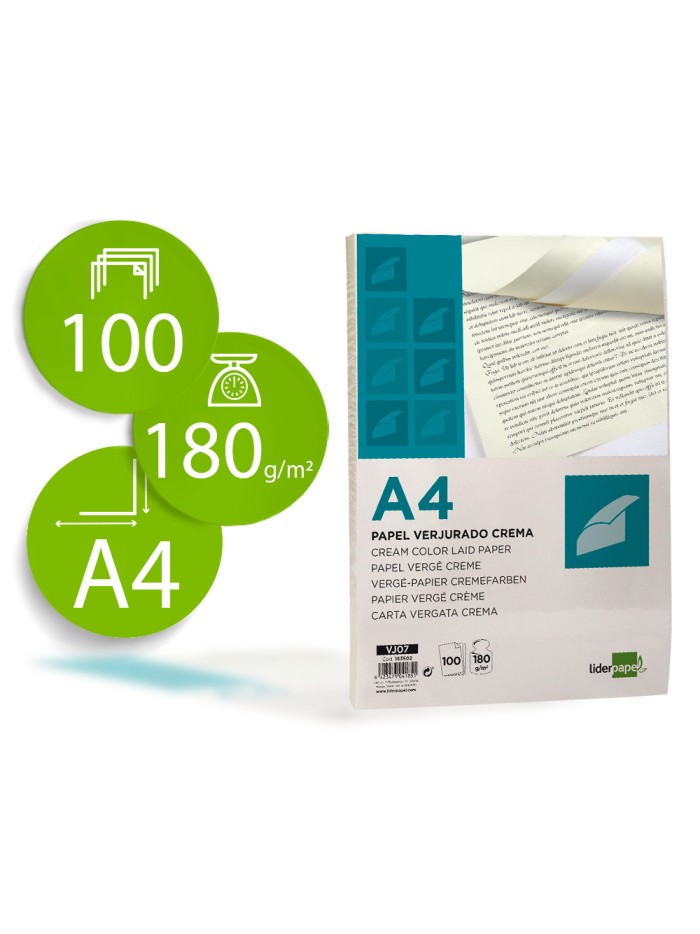 Papel verjurado liderpapel a4 180g/m2 crema paquete de 100 hojas Papel verjurado liderpapel a4 180g/m2 crema paquete de 100 hojas