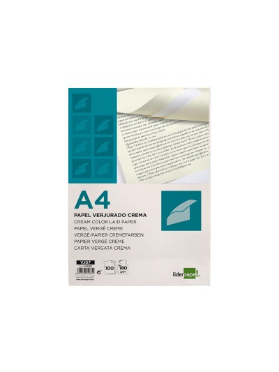 Papel verjurado liderpapel a4 180g/m2 crema paquete de 100 hojas