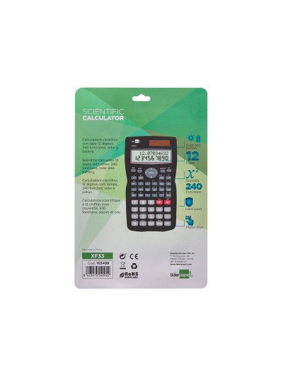 Calculadora liderpapel cientifica xf33 12 digitos 240 funciones con tapa solar y pilas color negro 156x85x20